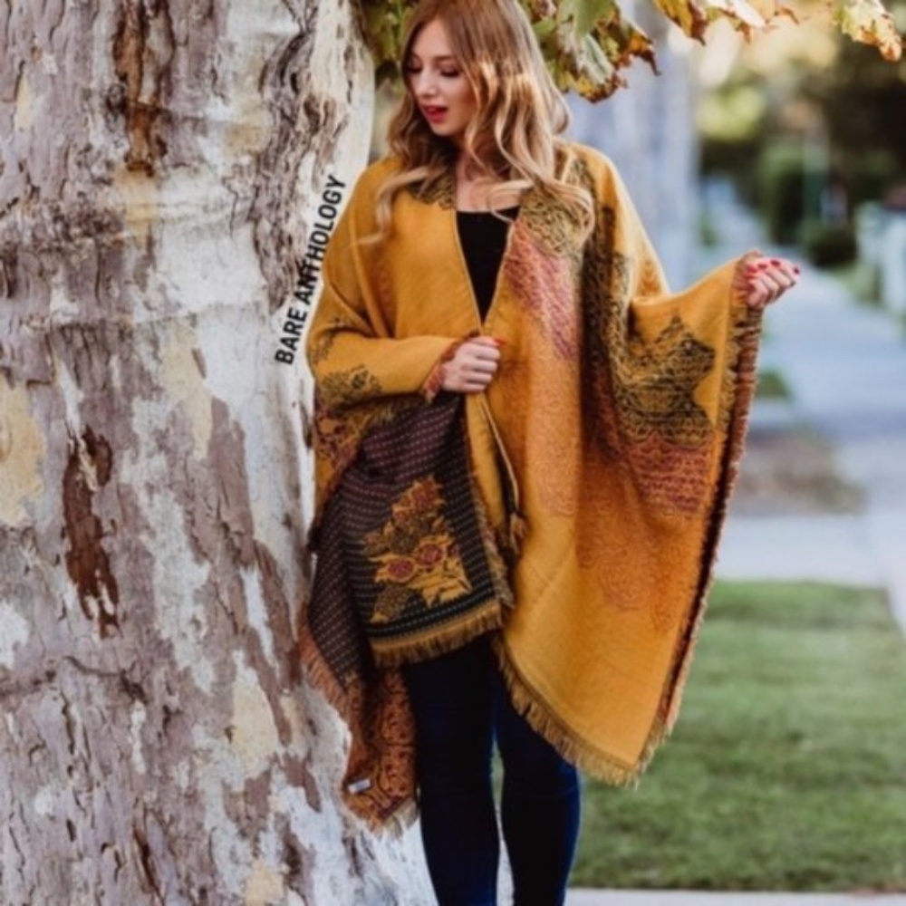 Boho mustard floral print paisley poncho kimono Shawl - Picture 4 of 6